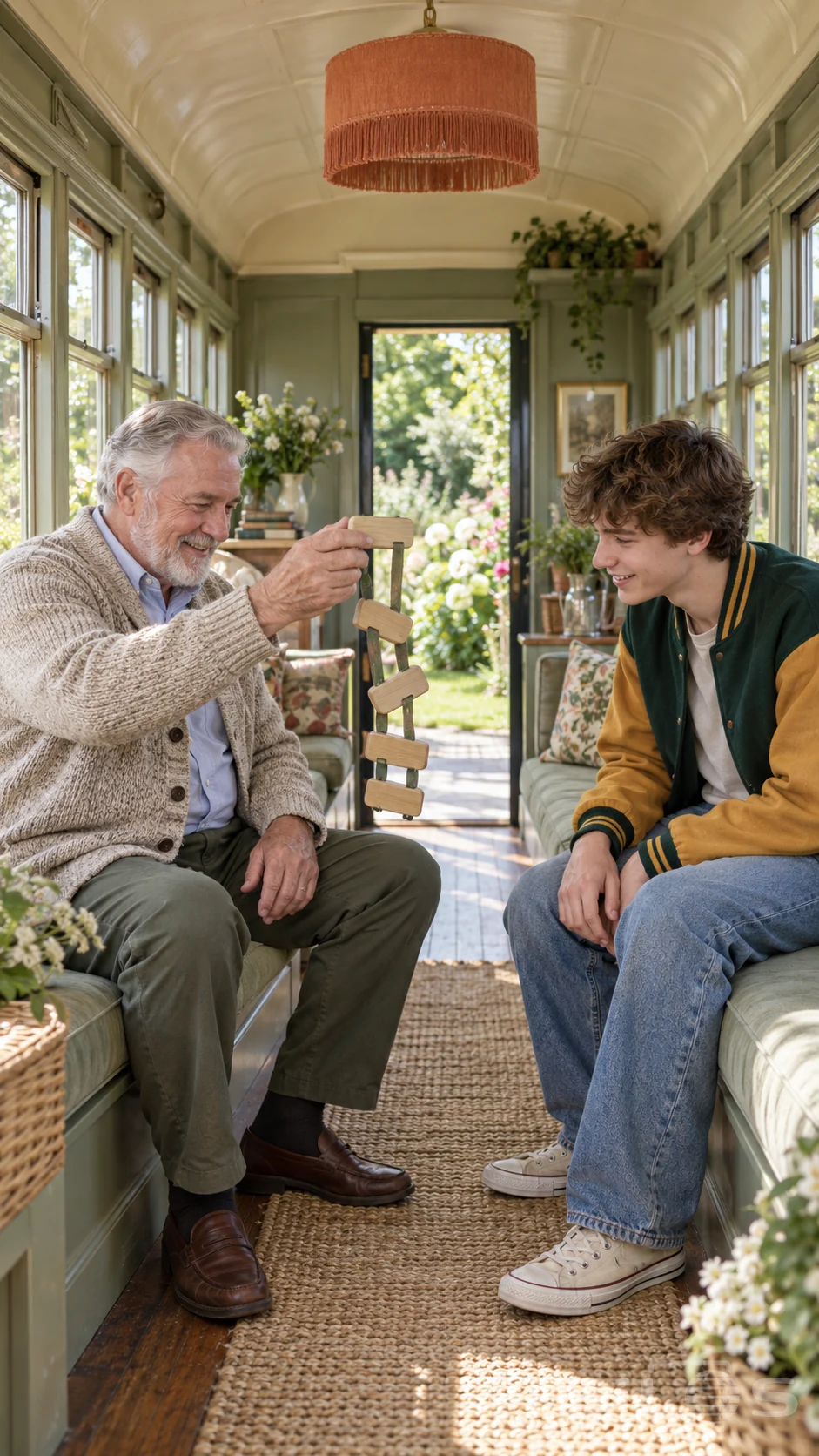 Grandfather shows a Jacob's ladder toy to his teenage grandson between sage benches in a railway sitting room.