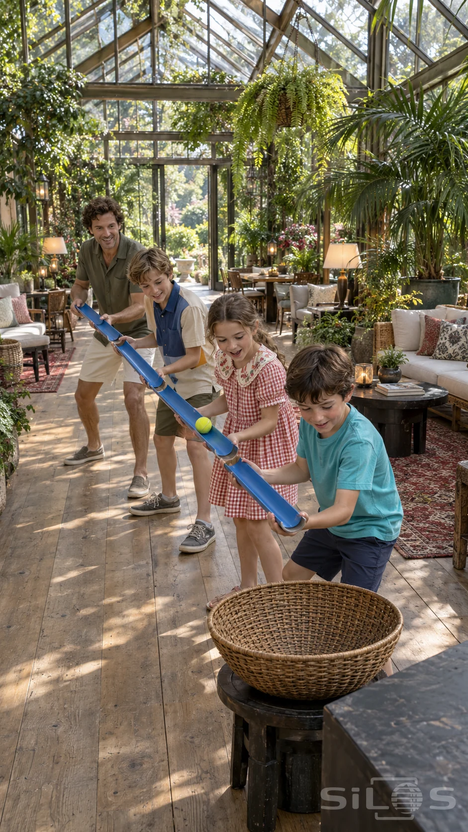 A father and three children align blue channels for a gutter ball relay toward a wicker bowl inside a furnished glass retreat.