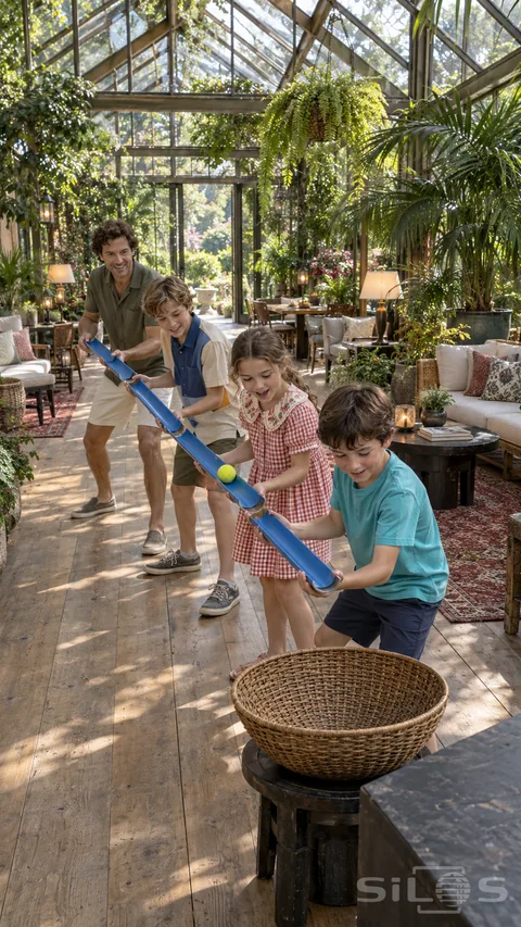 A father and three children align blue channels for a gutter ball relay toward a wicker bowl inside a furnished glass retreat.