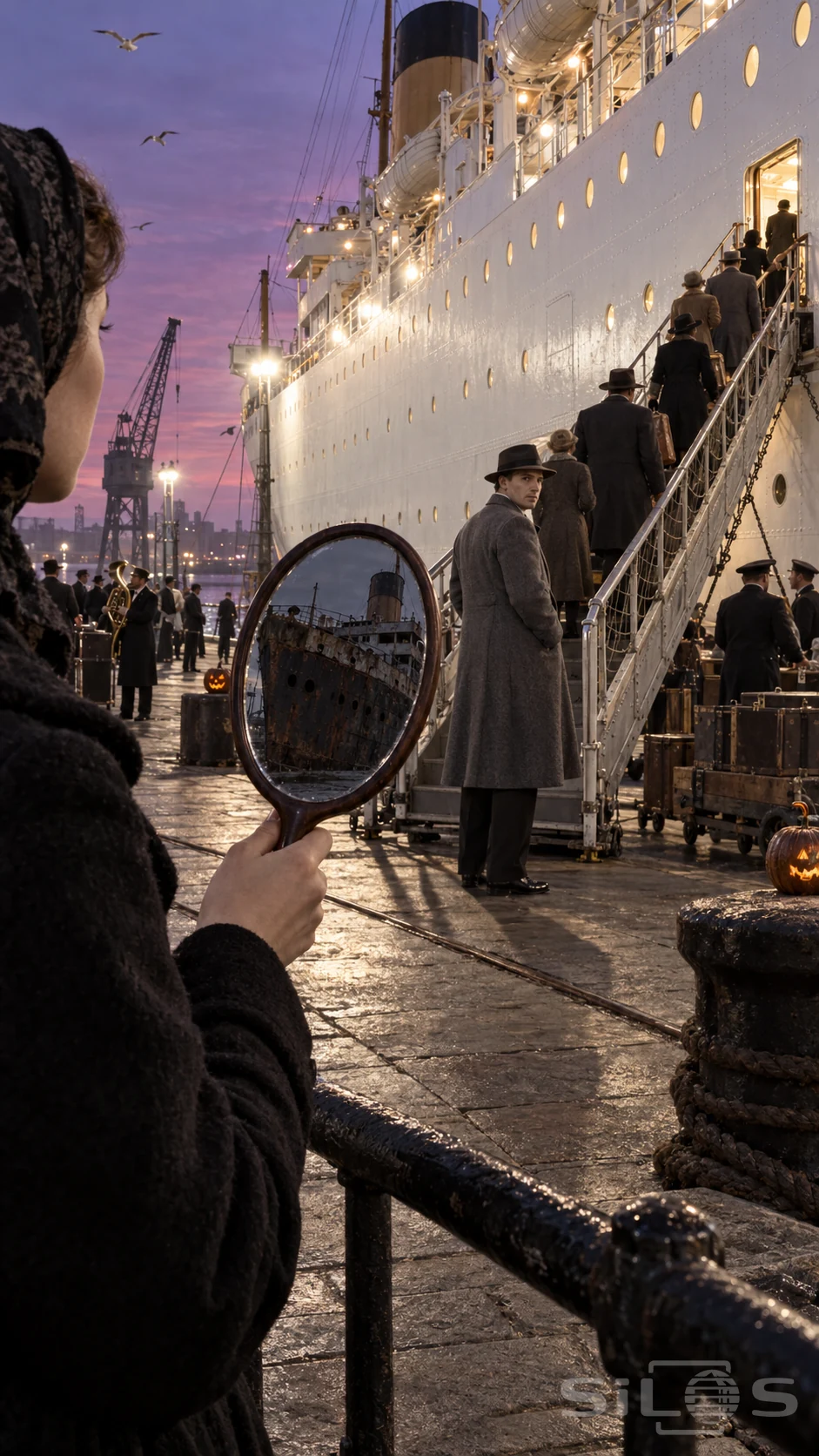 A woman holds an oval mirror reflecting a dark rusted liner as a man turns back at the gangway of an illuminated white ship.