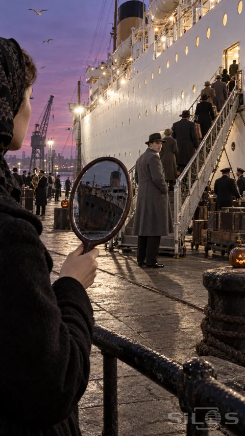 A woman holds an oval mirror reflecting a dark rusted liner as a man turns back at the gangway of an illuminated white ship.