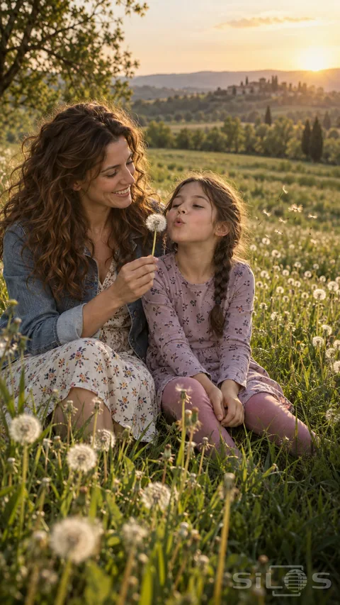 Dandelion seeds drift beside a girl in a lavender dress and her mother in a denim jacket in a green meadow.