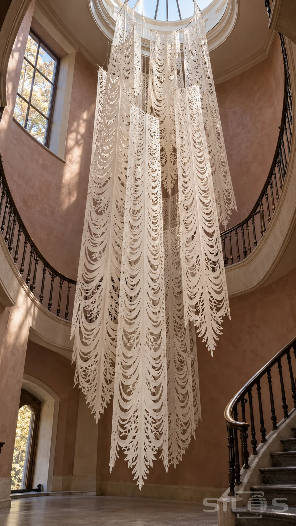 Long scalloped sheets of white paper lace hang through a tall rose-plaster stairwell beneath an oval skylight.