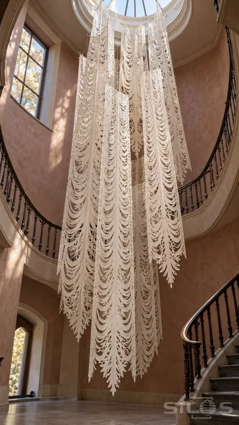 Long scalloped sheets of white paper lace hang through a tall rose-plaster stairwell beneath an oval skylight.