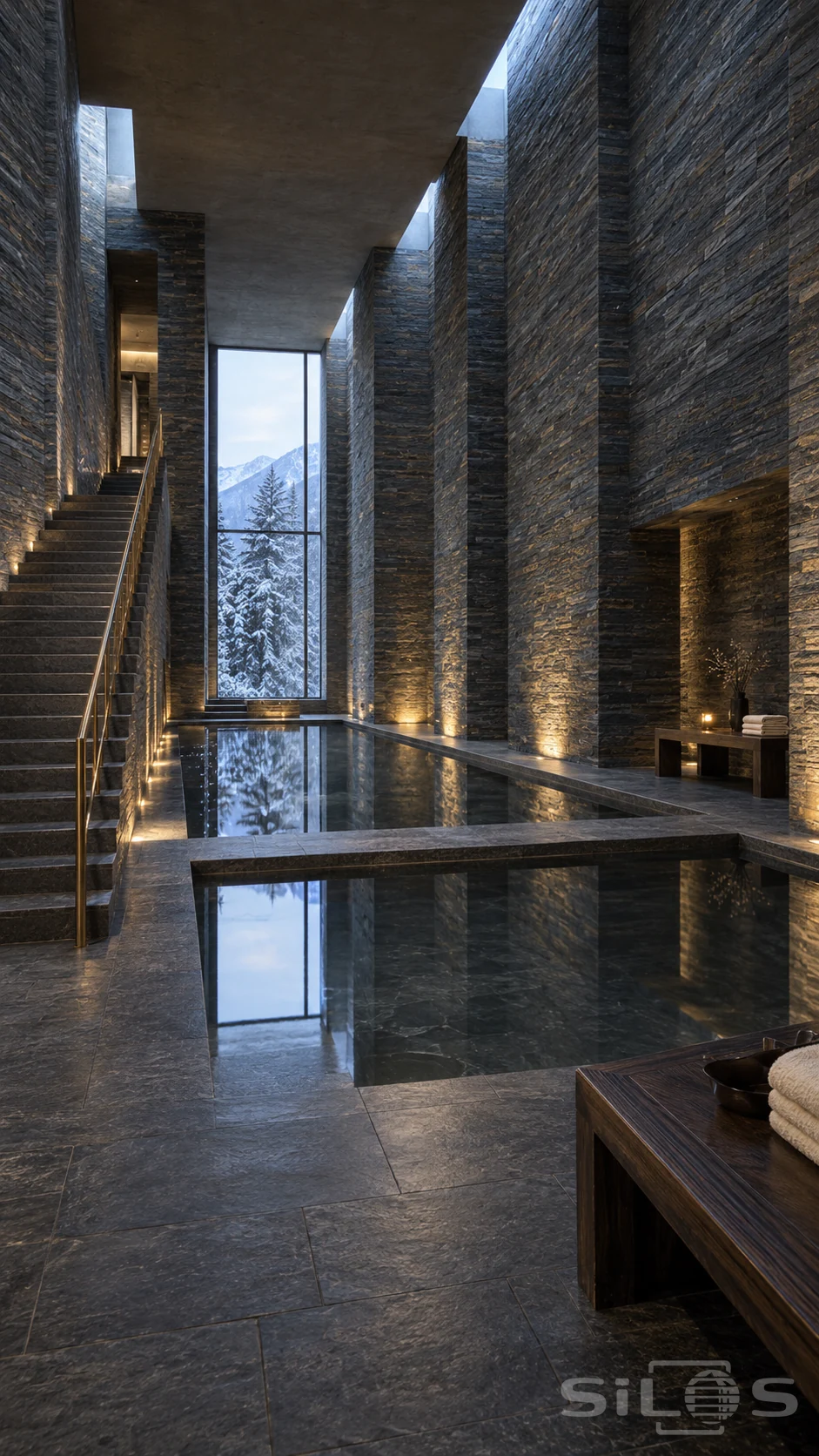 Tall stone spa hall with layered grey walls, a straight stair, dark reflecting basin, low bridge and a snowy mountain window.