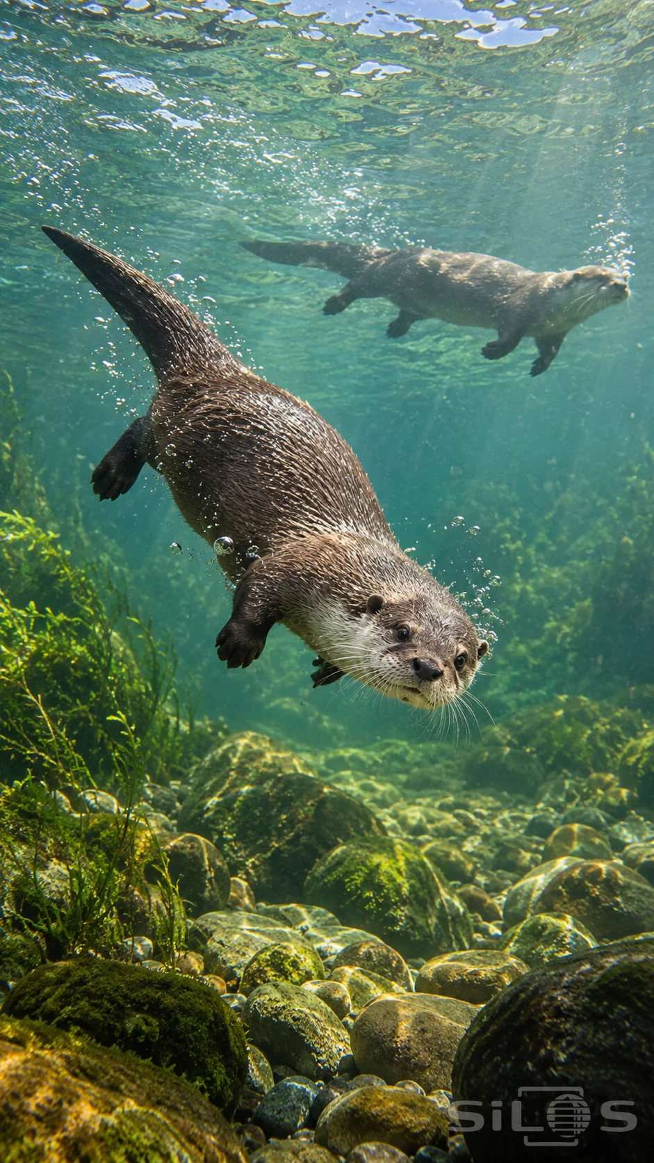 Two otters swim beneath the river surface above mossy stones, green plants and trails of small air bubbles.