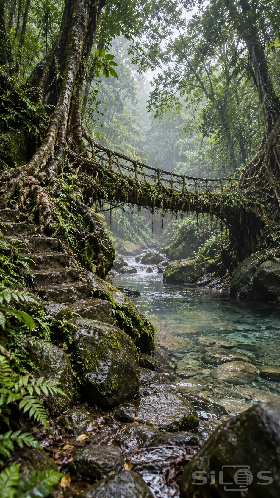 A living root bridge spans a clear rainforest stream beside mossy stone steps, hanging roots and wet green ferns.