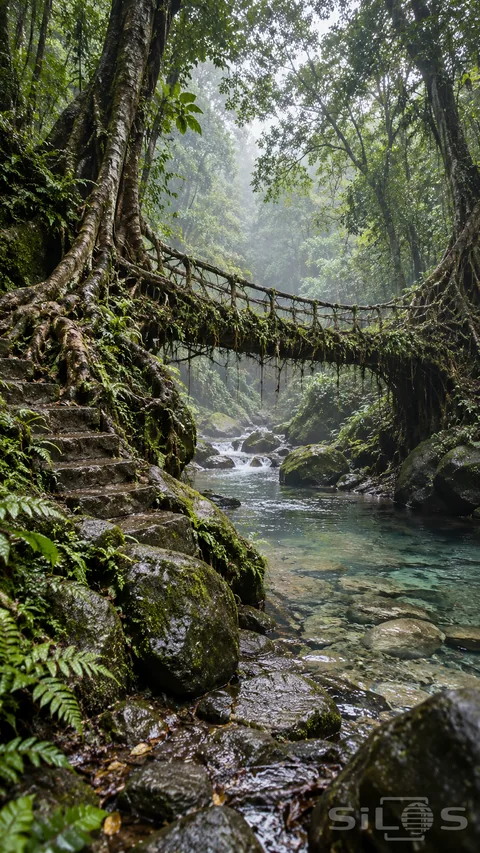 A living root bridge spans a clear rainforest stream beside mossy stone steps; hanging roots and wet green ferns.