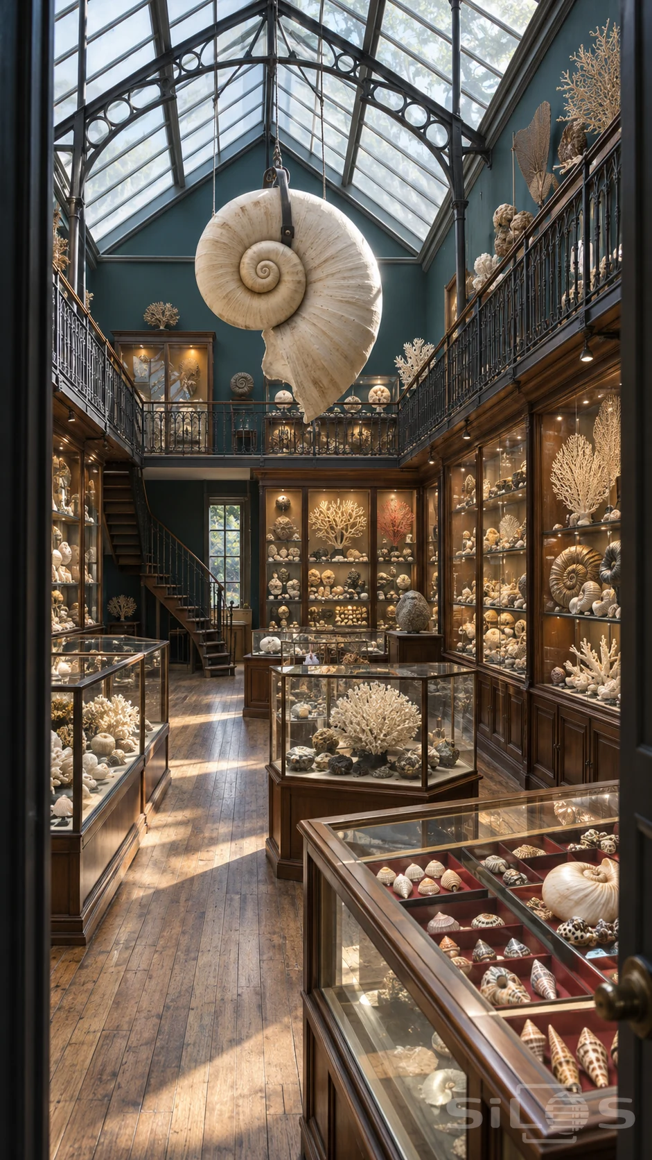 An empty curiosity gallery displays a shell collection beneath a glass roof and a large suspended cream spiral model.