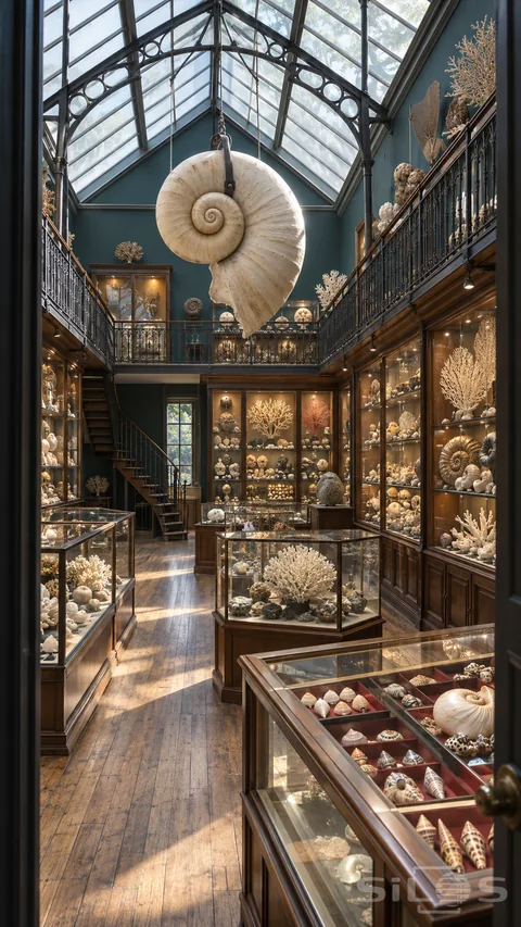 An empty curiosity gallery displays a shell collection beneath a glass roof and a large suspended cream spiral model.