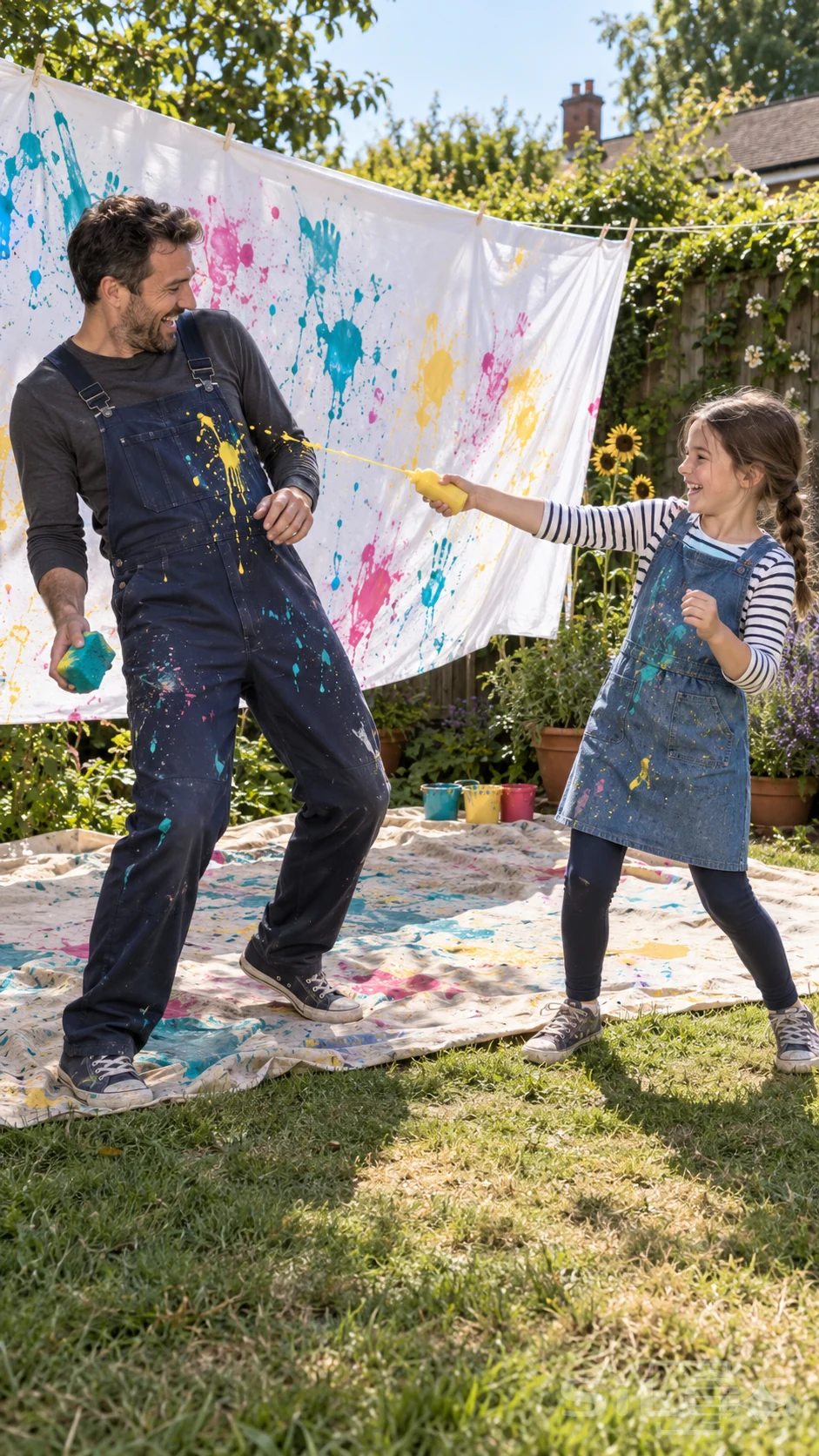 A father and daughter laugh during a paint fight beside a white garden canvas covered in green and pink splashes.