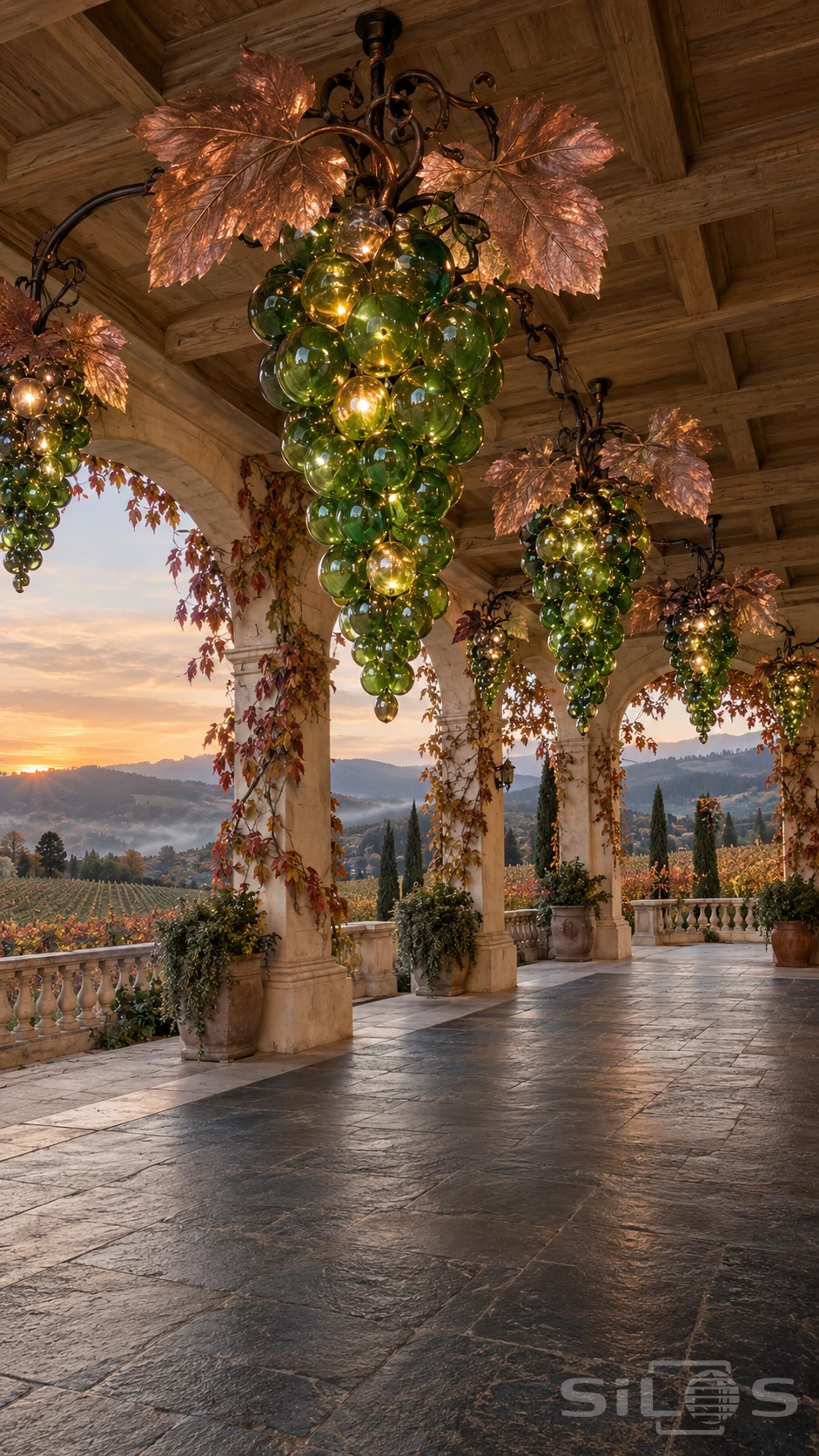 Huge chandeliers made from clusters of green glass grapes and copper leaves hang in an open stone pavilion overlooking autumn vineyards at sunset.