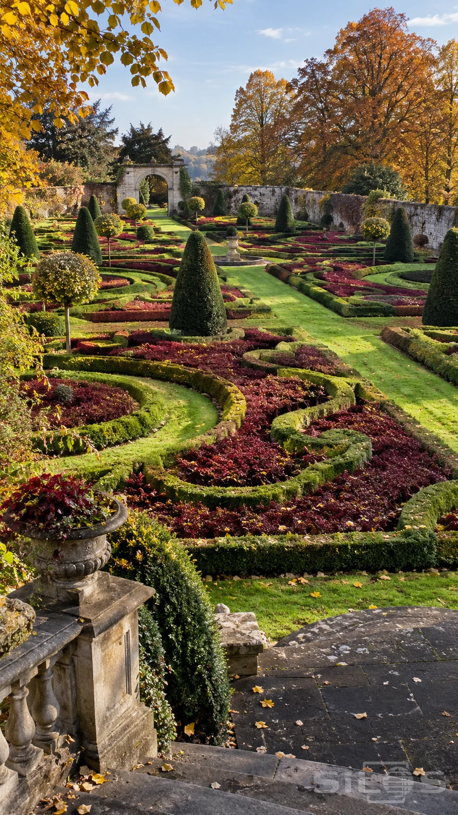 Low green hedges curl around burgundy planting beneath conical topiary in a walled garden with stone stairs and autumn trees.