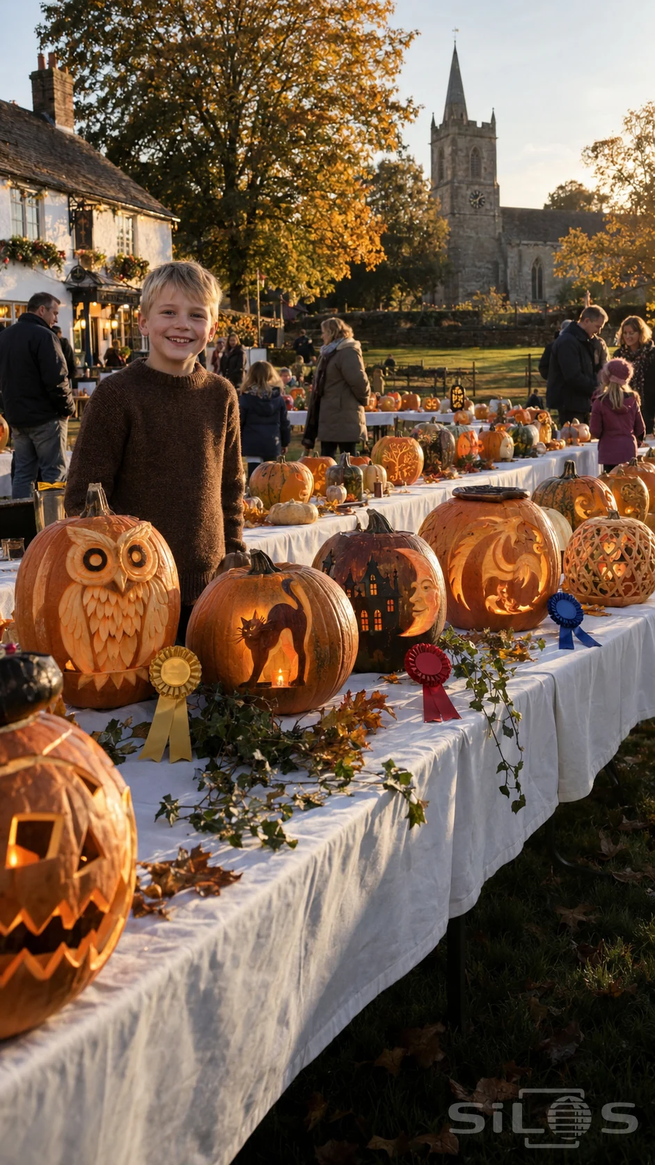 A boy in a brown jumper smiles beside an owl-carved pumpkin and ribbon rosettes on long tables at an autumn village gathering.