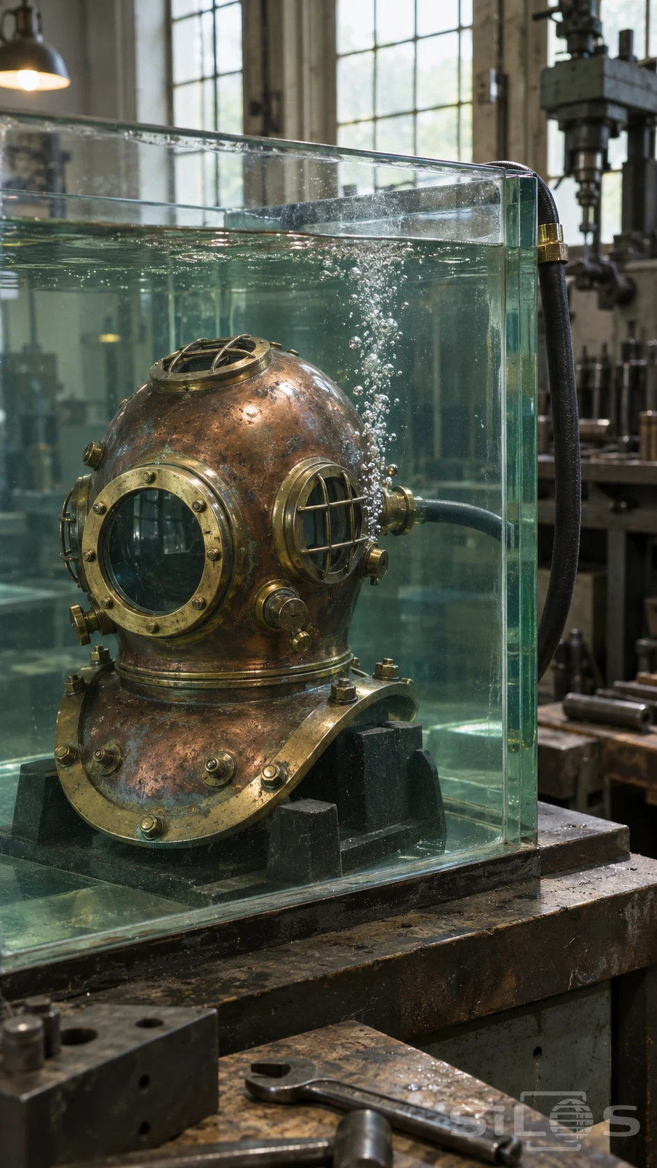 Air bubbles rise from a valve beside an empty copper diving helmet with brass windows, supported inside a clear glass test tank.