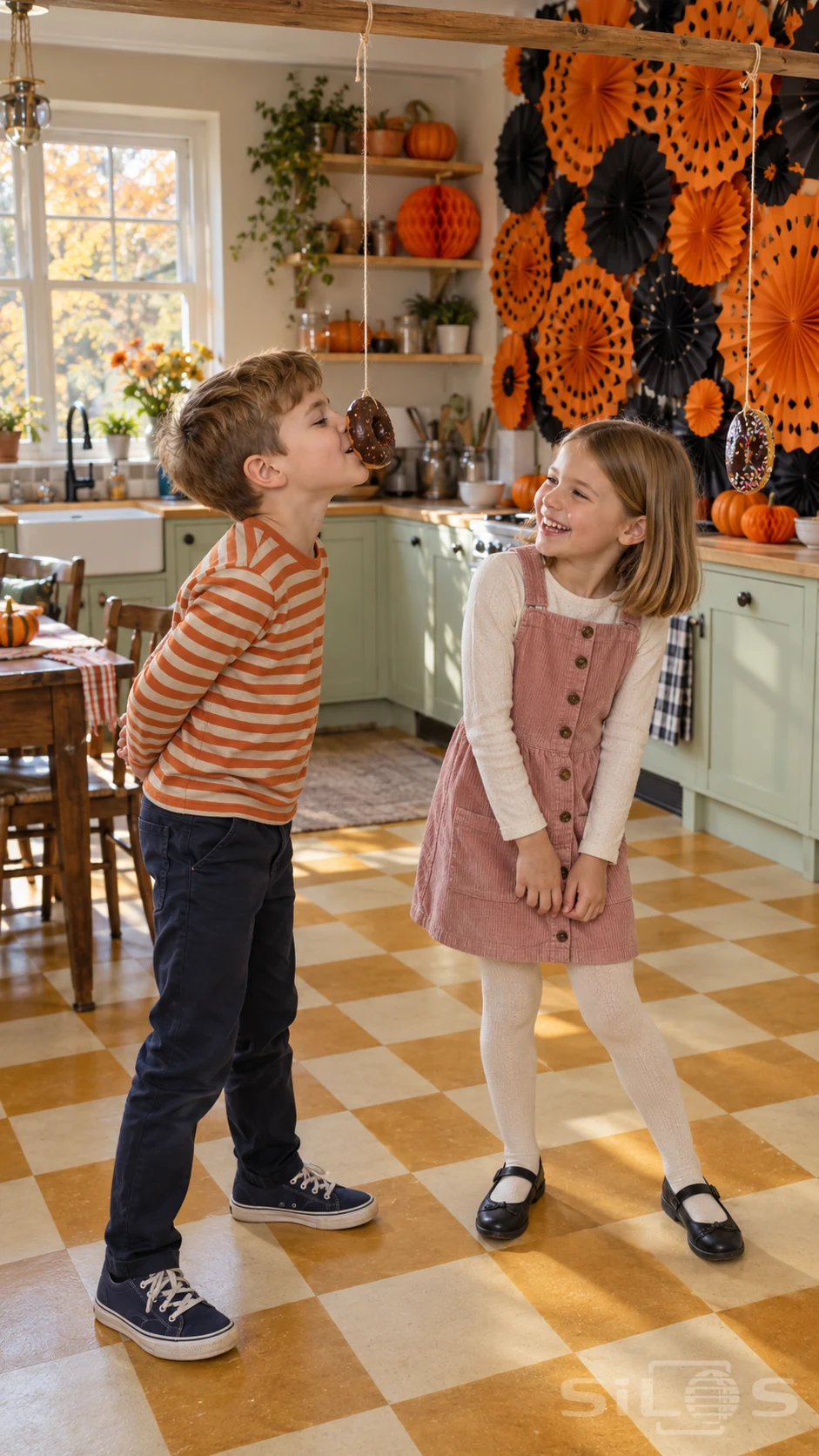 Two children enjoy a Halloween doughnut game beneath hanging treats beside orange paper fans and mint cupboards.