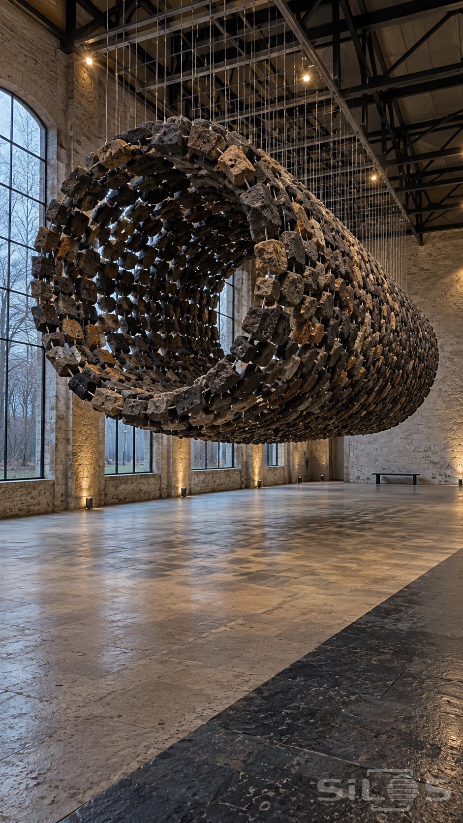 A hollow cylinder assembled from suspended rough stones hangs beneath a steel grid in an empty hall with arched windows.