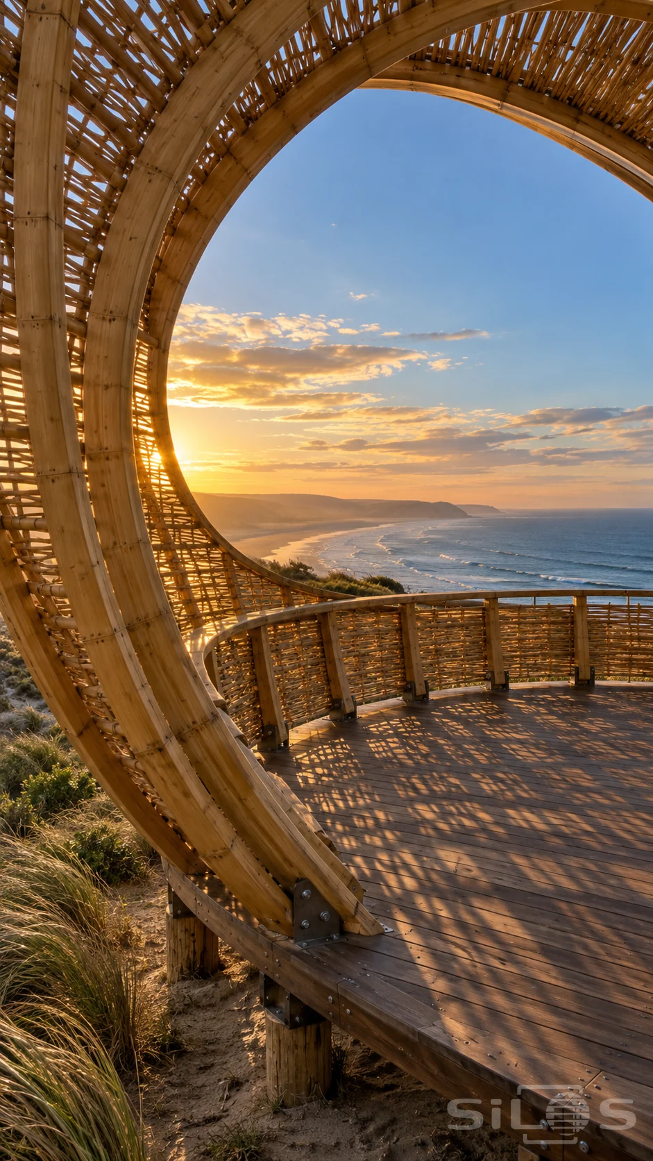 A woven lookout with curved bamboo ribs frames a coastal sunset above dunes, white surf and a timber viewing platform.