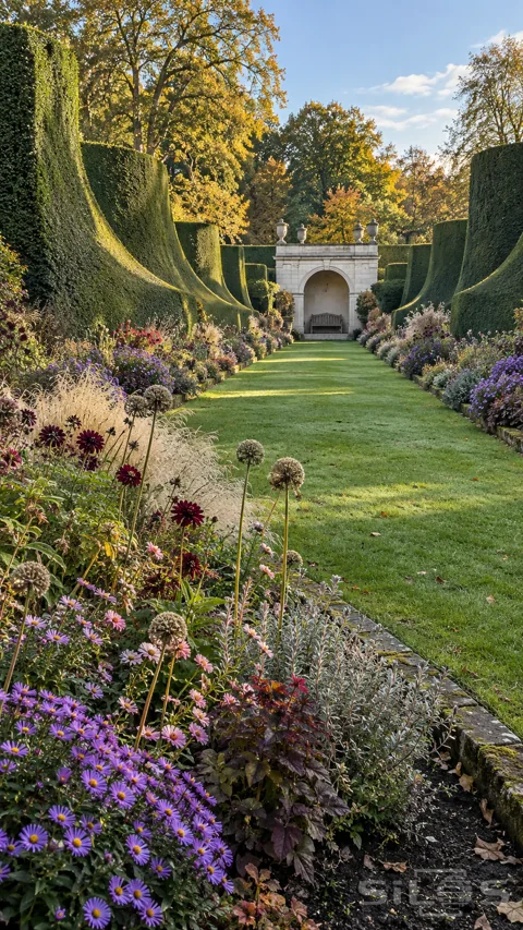 A long lawn leads between sweeping sculpted yew hedges and autumn flowers to a pale stone shelter with a wooden bench.