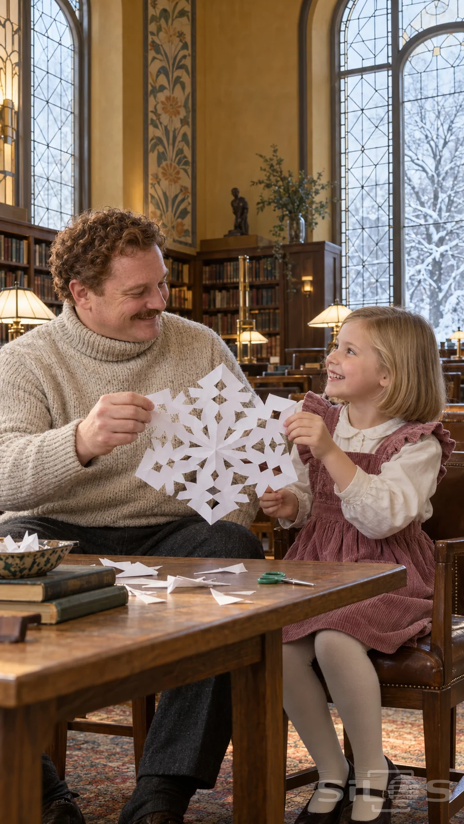 A father and daughter hold a white paper snowflake at a library table beneath tall windows overlooking snowy branches.
