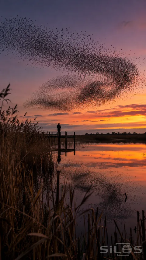 A vast starling murmuration twists above a reed marsh at orange and violet dusk while a lone figure watches from a pier.