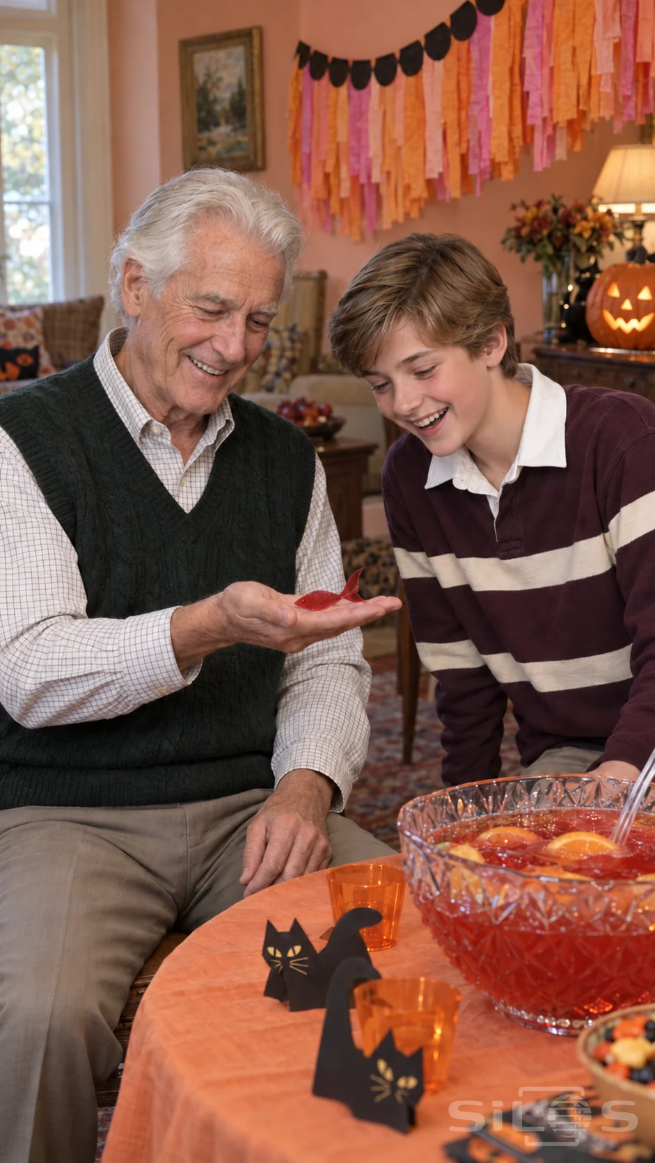 A grandfather and grandson watch a red fortune fish curl on an open palm at a Halloween table.