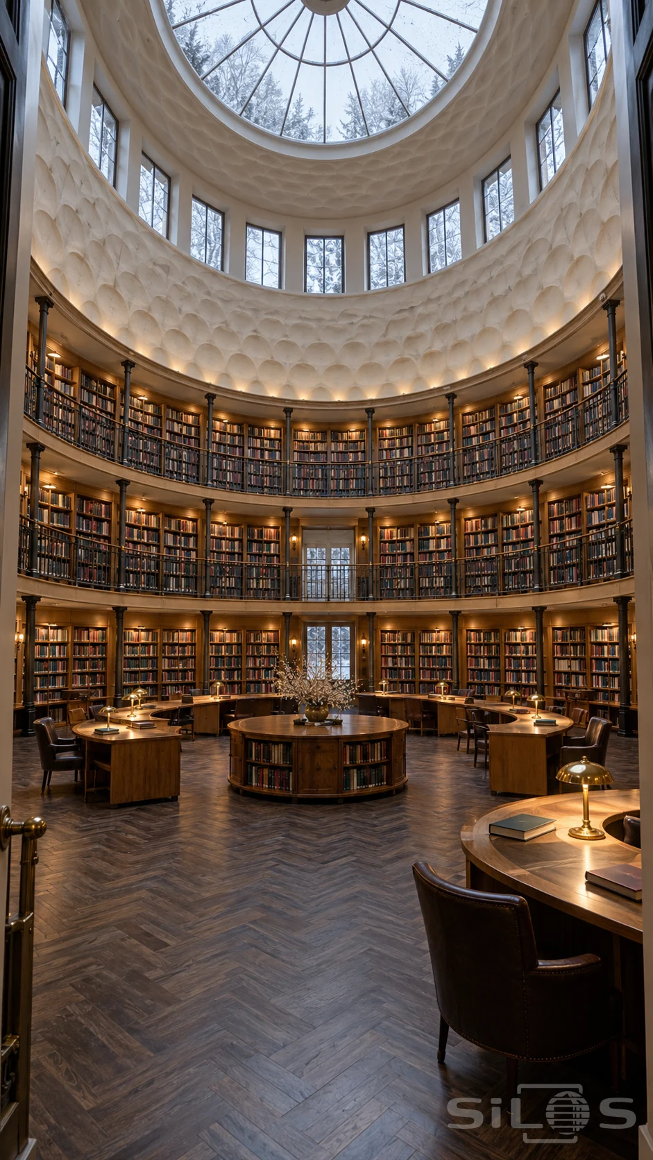 Circular library with three levels of oak bookshelves, curved reading desks, brass lamps and a large round glass skylight.