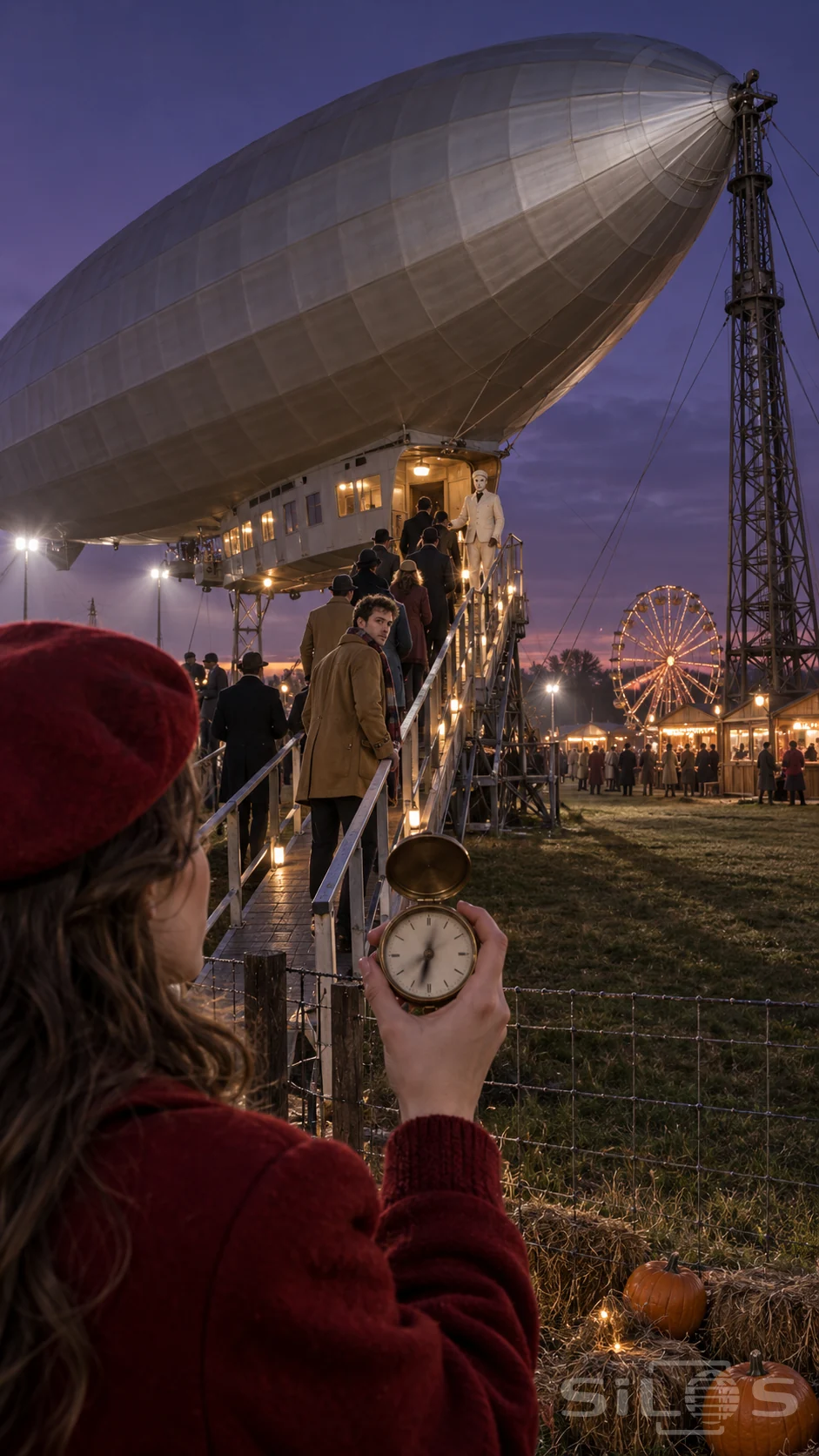 A woman raises a brass compass behind a fence as a man turns on the gangway of a vast silver airship at a dusk fair.