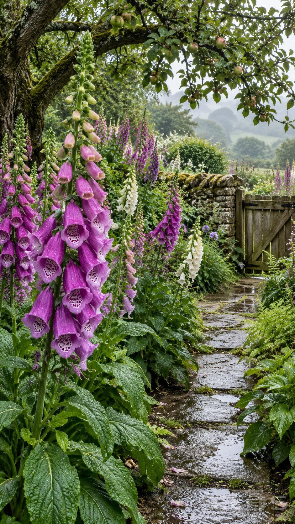 Pink foxglove bells with spotted throats border a wet stone path leading toward a timber gate beneath an apple tree.