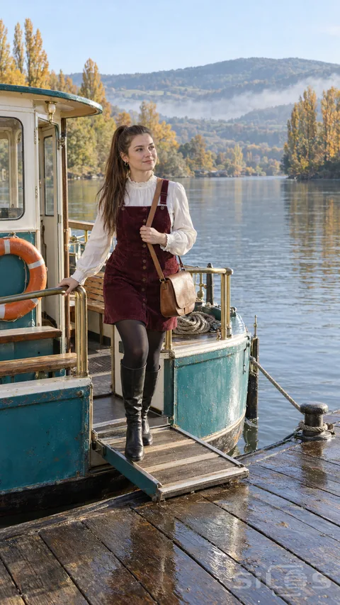 A woman in a burgundy pinafore and ivory ruffled blouse steps from a turquoise river ferry with a tan leather satchel.