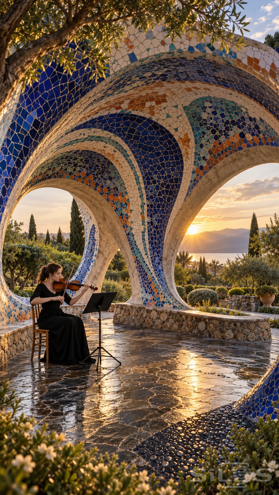 A seated violinist plays beneath a vast blue and white mosaic shell overlooking a sunlit garden and distant water.