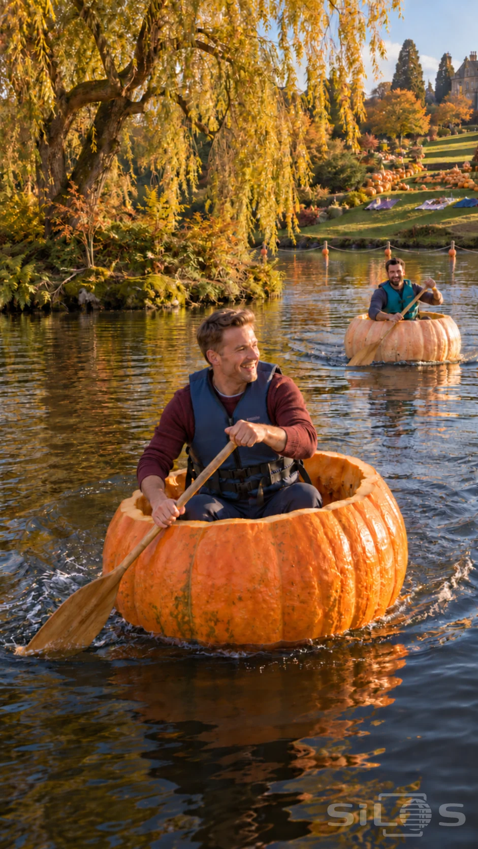 Two men in fitted lifejackets paddle a pumpkin boat each around a willow island on a calm autumn lake.