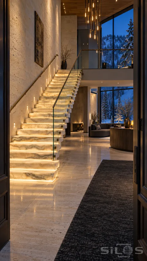Illuminated onyx staircase with a glass balustrade in a tall stone hall overlooking snowy pine trees at dusk.