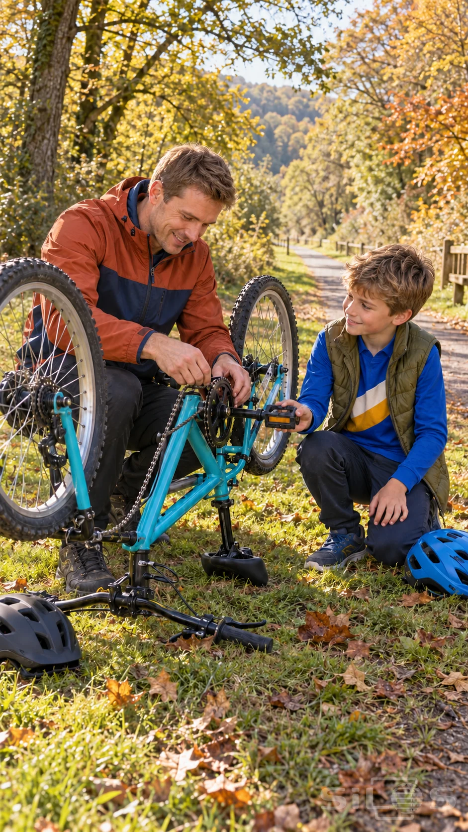 A father and son share bicycle chain repair beside an autumn path, with the boy steadying a pedal on an overturned turquoise bicycle.