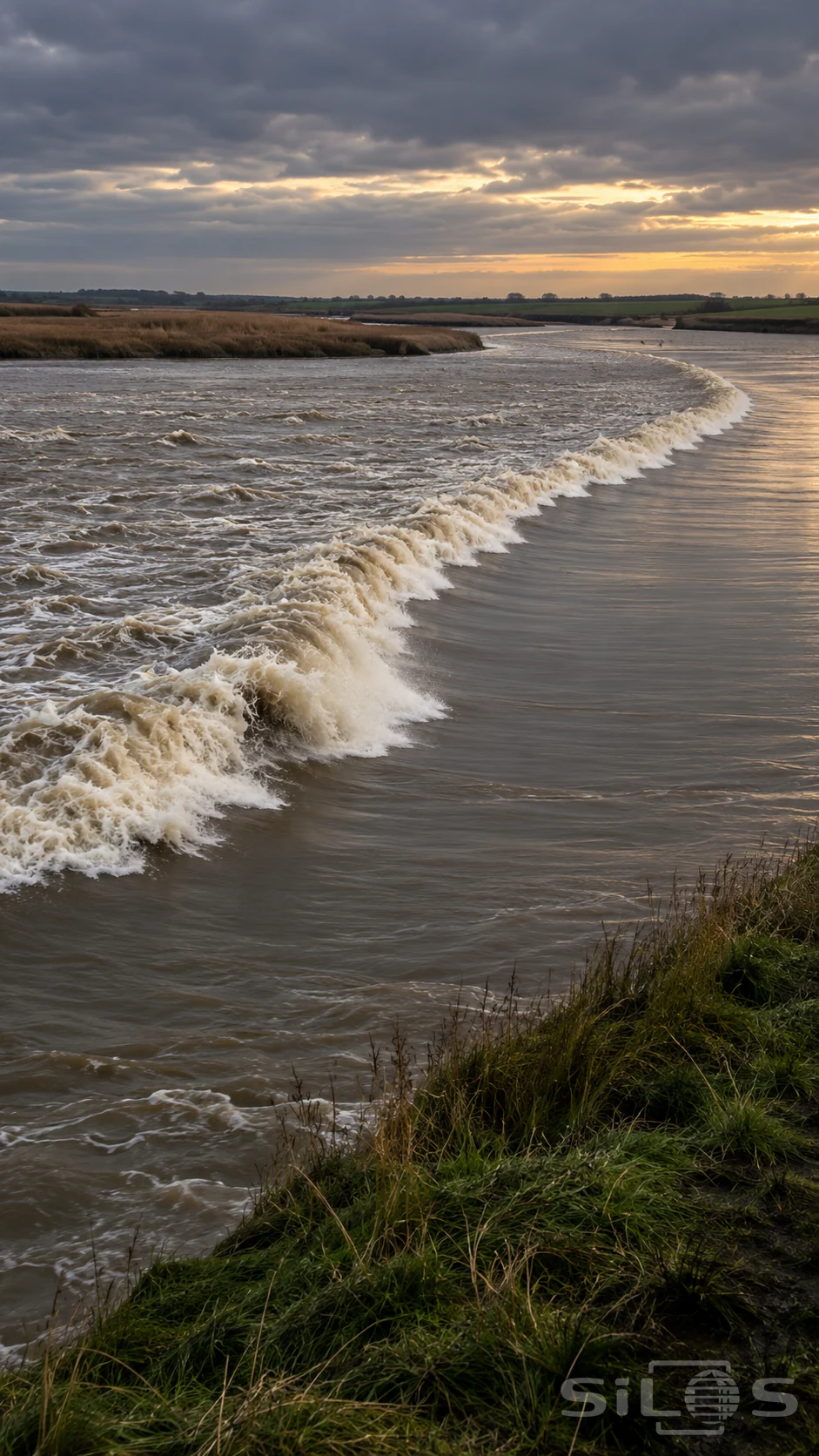 A long foaming tidal bore curves across a brown river between low reed banks, beneath gray clouds and a warm horizon.