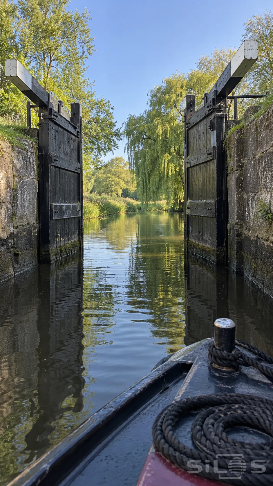Open canal lock gates with white-tipped balance beams frame calm water and willow trees beyond the dark bow of a narrowboat.