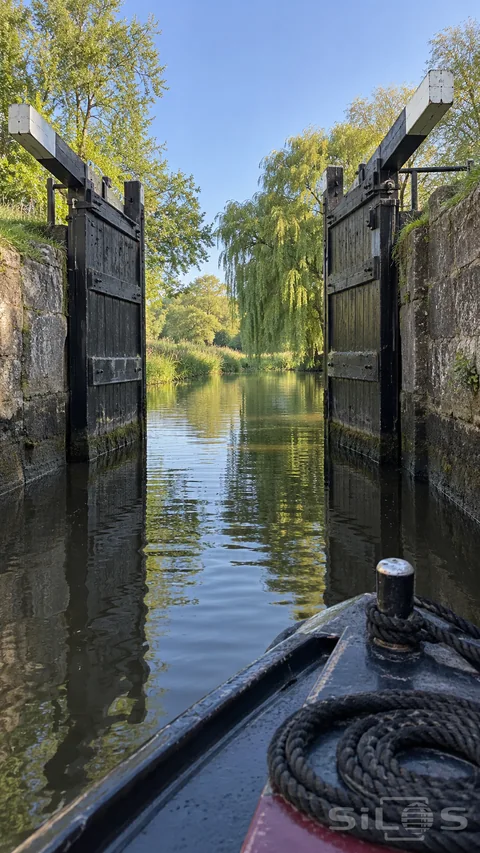 Open canal lock gates with white-tipped balance beams frame calm water and willow trees beyond the dark bow of a narrowboat.