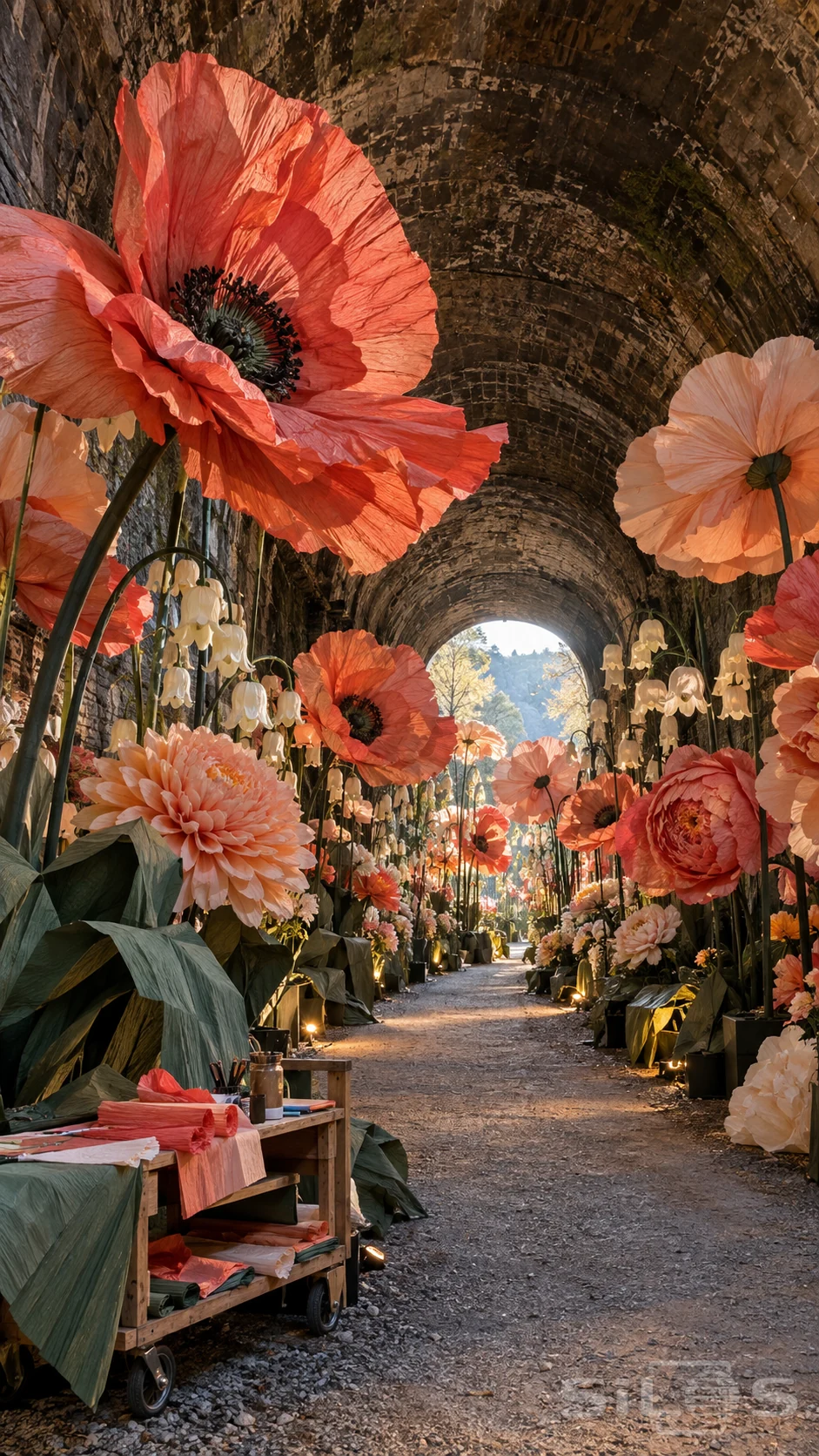 Giant paper flowers with coral crepe-paper petals and white bell shapes line a path through a stone tunnel beside a small craft trolley.