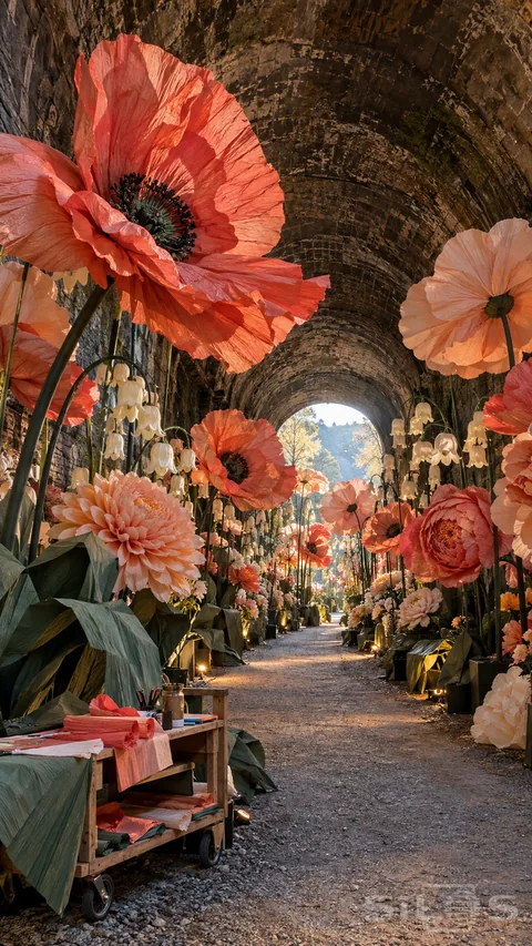 Giant paper flowers with coral crepe-paper petals and white bell shapes line a path through a stone tunnel beside a small craft trolley.