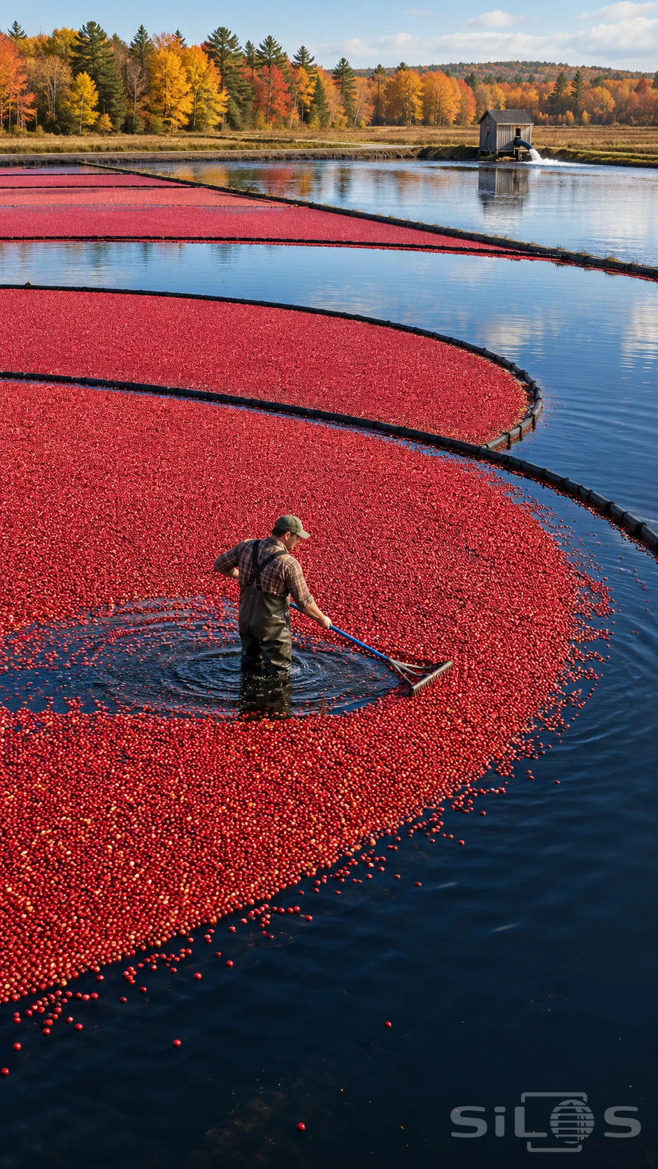 A cranberry harvest worker in plaid and waders guides floating red berries along curved booms in blue water.