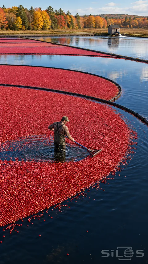 A cranberry harvest worker in plaid and waders guides floating red berries along curved booms in blue water.