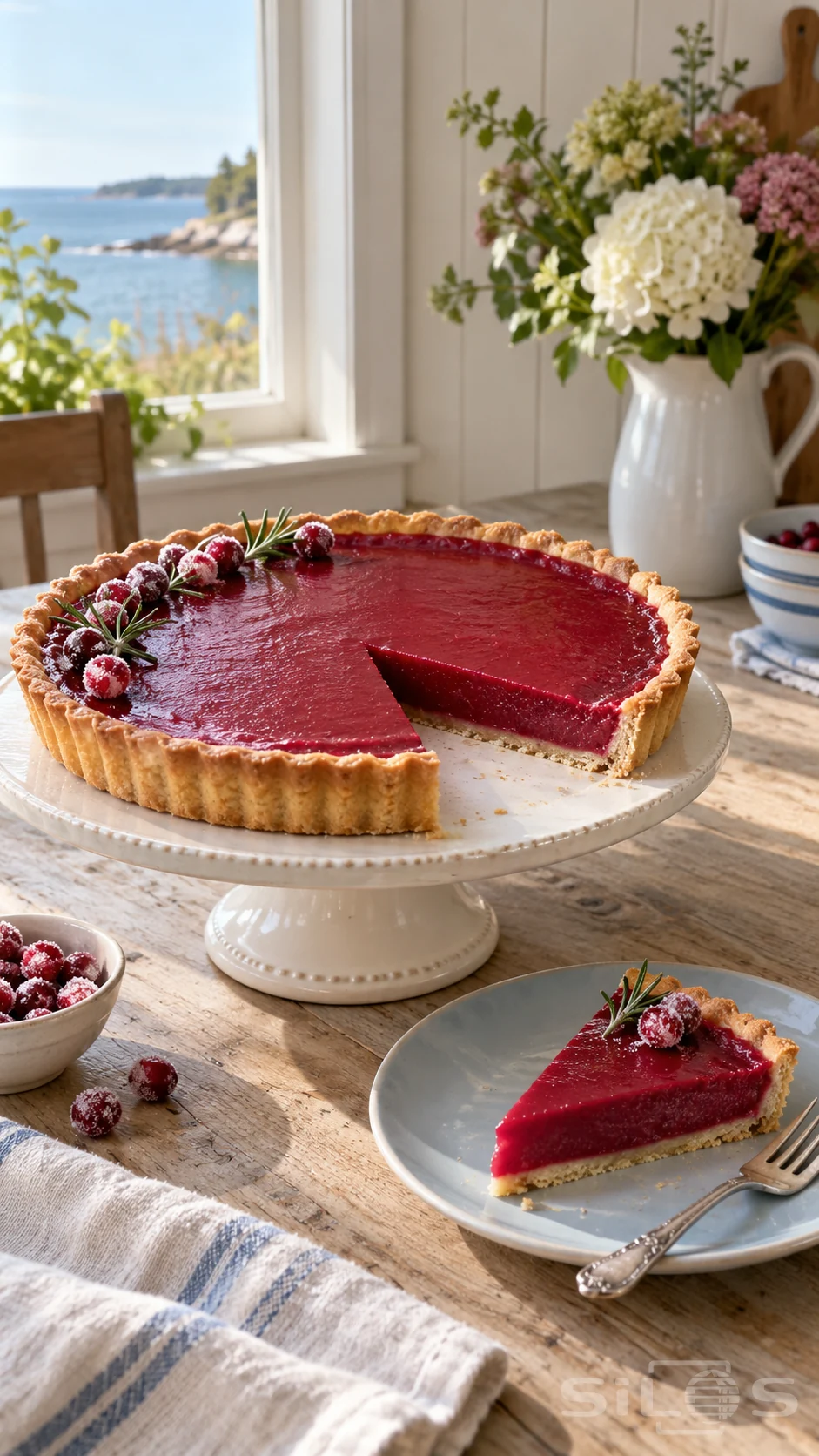 Cranberry curd tart on an ivory pedestal with one slice on a blue plate beside sugared cranberries in a cottage kitchen.