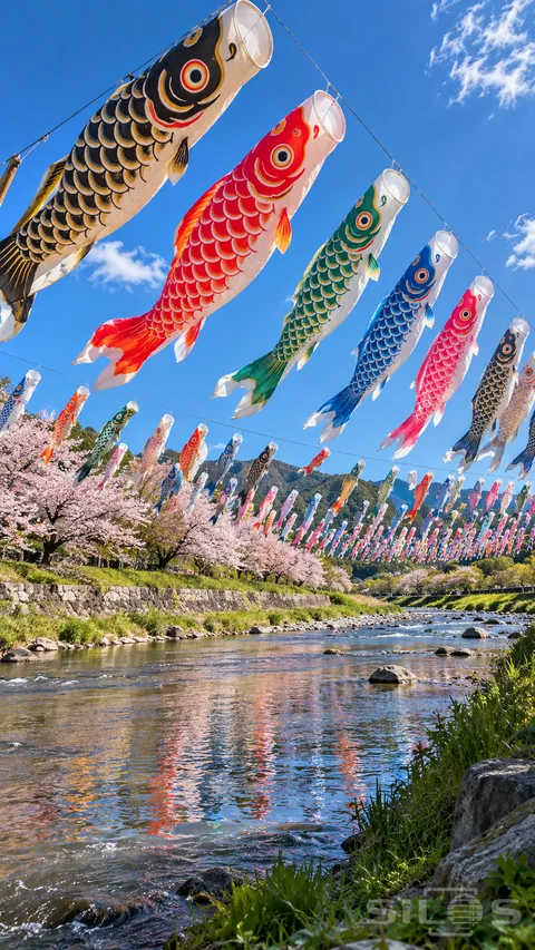 Rows of colorful carp streamers fill the river sky above cherry blossoms; with painted fish scales and open fabric mouths visible.