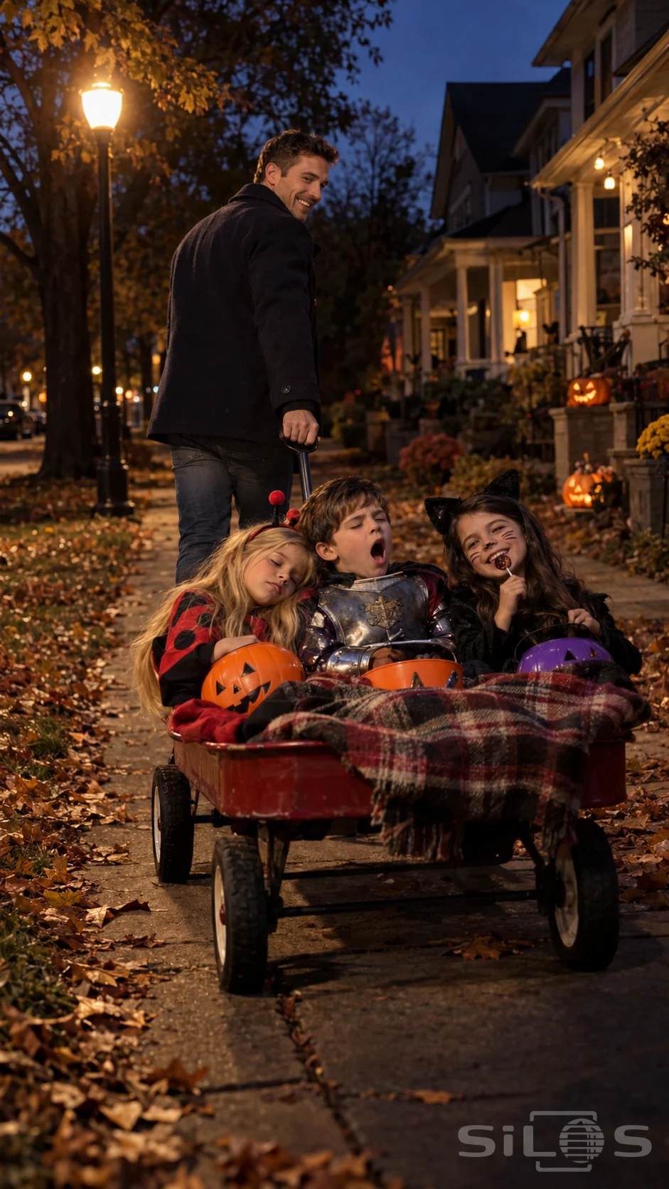 A smiling man pulls a red wagon carrying three tired children in Halloween costumes under a plaid blanket on a leafy evening street.