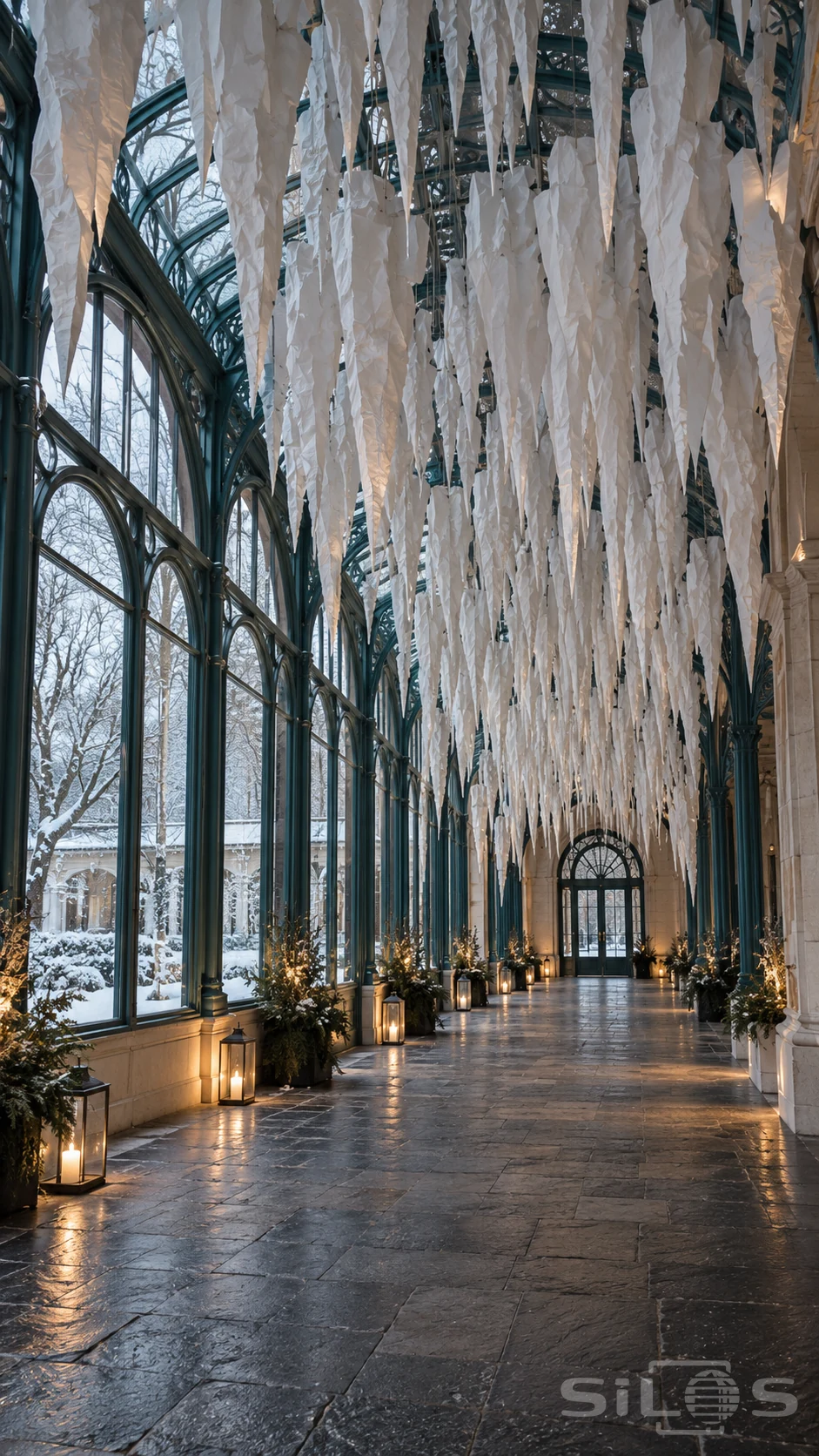 Dense white paper icicles hang over an empty teal glass arcade, with snowy trees outside and candle lanterns along the stone floor.