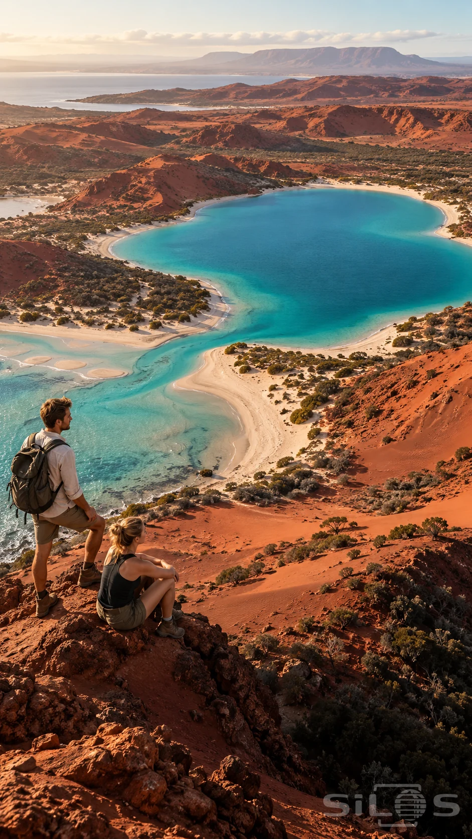 Two hikers overlook a turquoise lagoon and winding channel among red-earth dunes, pale sand and dark shrubs.