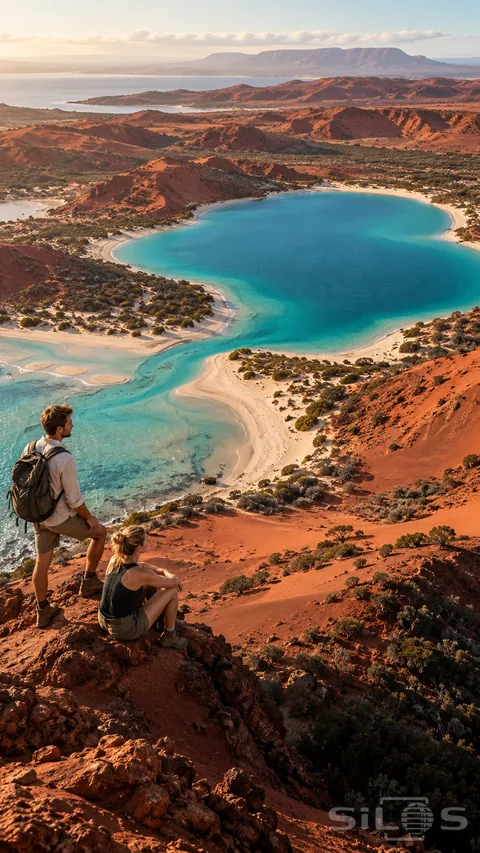 Two hikers overlook a turquoise lagoon and winding channel among red-earth dunes; pale sand and dark shrubs.