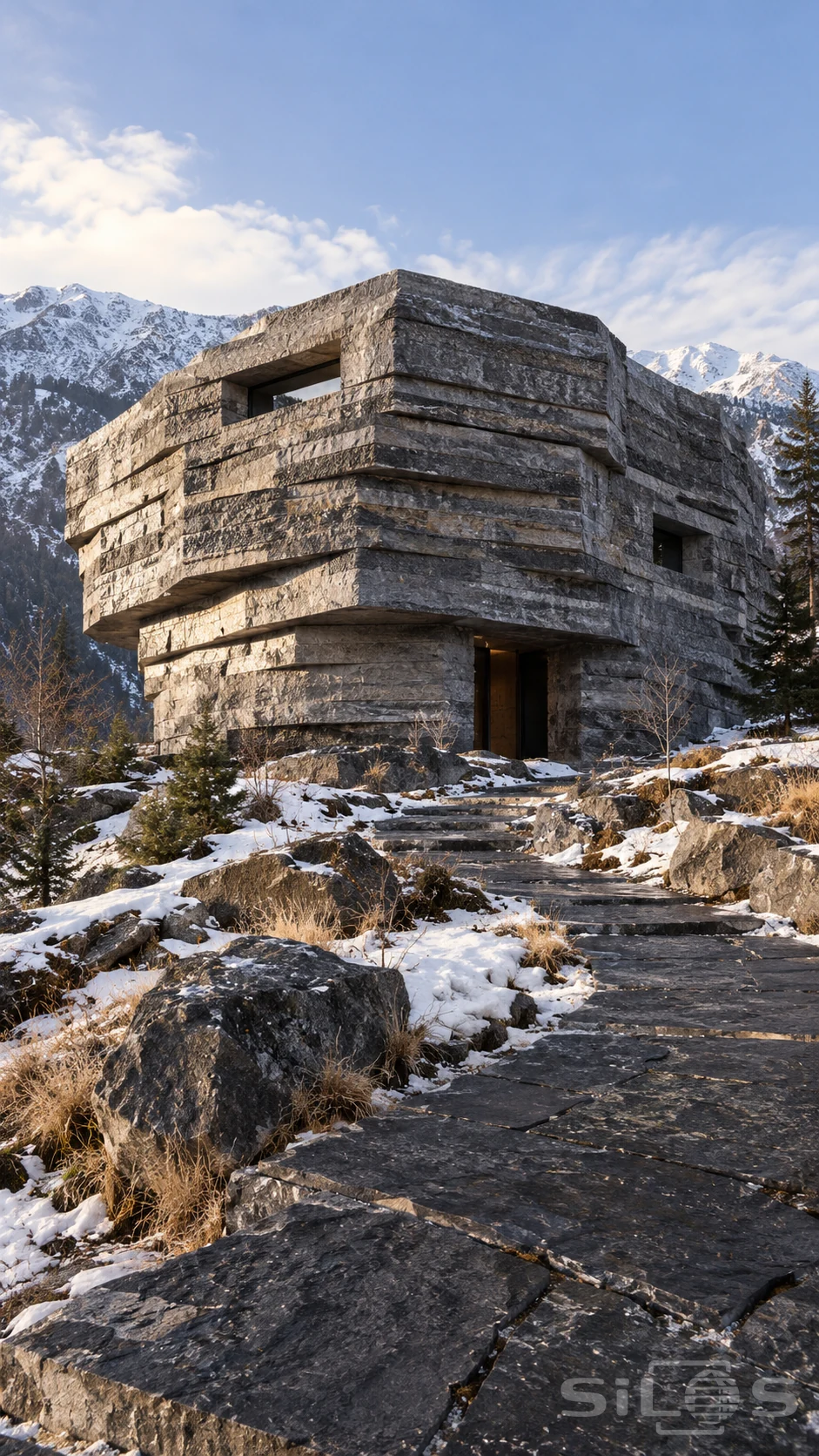 A rough grey hall with offset horizontal stone-like layers and deep windows stands above a snowy mountain garden path.