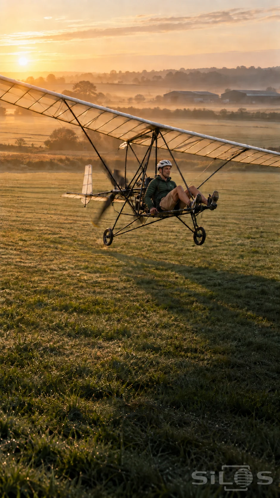 A pedal plane with an open cockpit and translucent wing flies low over a morning meadow in golden sunlight.