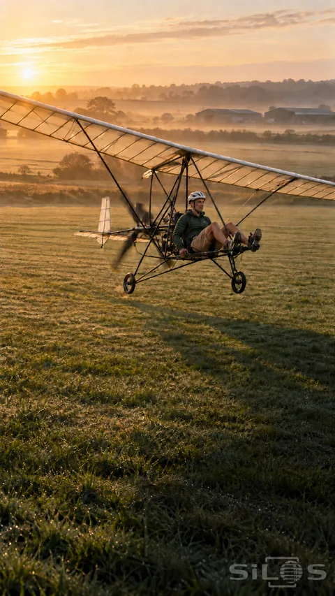 A pedal plane with an open cockpit and translucent wing flies low over a morning meadow in golden sunlight.